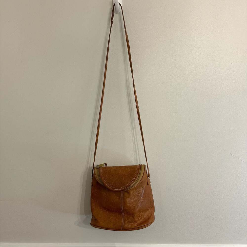 Vintage La Strada Brown Embossed Floral Leather Crossbody Bag